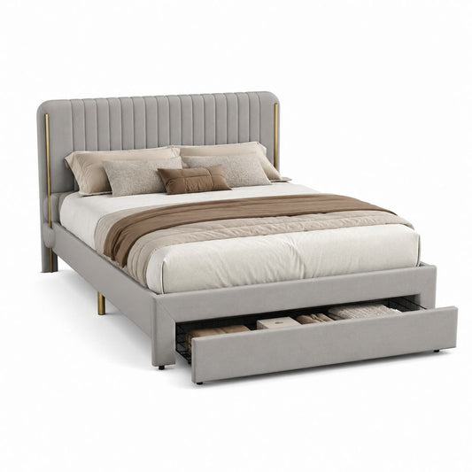 Letto matrimoniale imbottito in tessuto e metallo grigio/oro 160 × 200 cm, 218 × 174 × 126 cm, con testiera alta, rete a doghe e cassetto