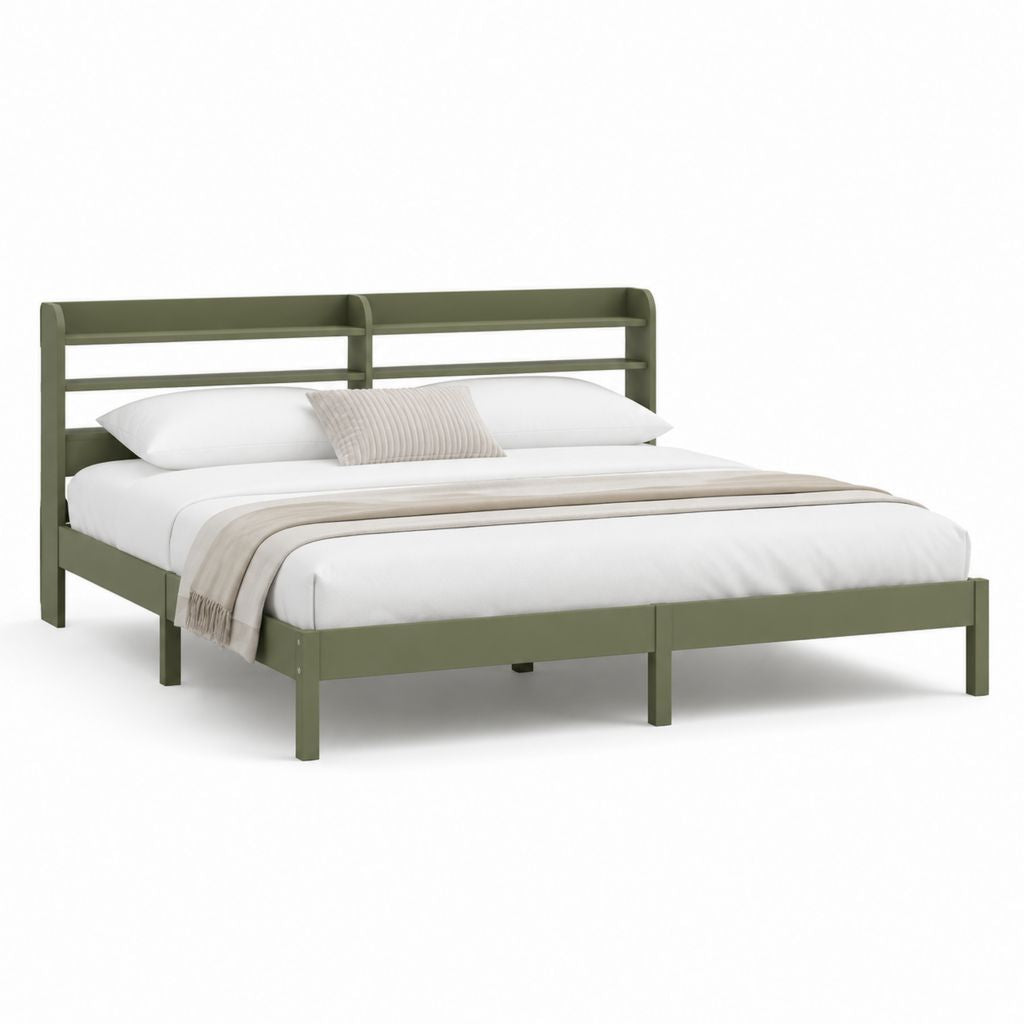 Letto matrimoniale 160 x 200 cm in pino massello verde oliva con testiera a listelli e rete a doghe