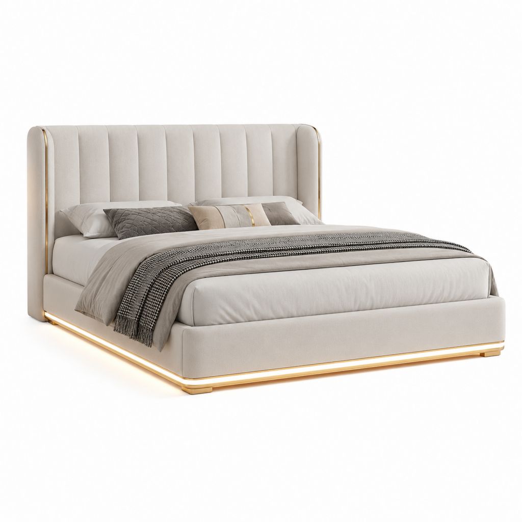 Letto matrimoniale imbottito in tessuto beige con testiera alta e profili dorati, per materasso 180 x 200 cm, 220 x 230 x 130 cm