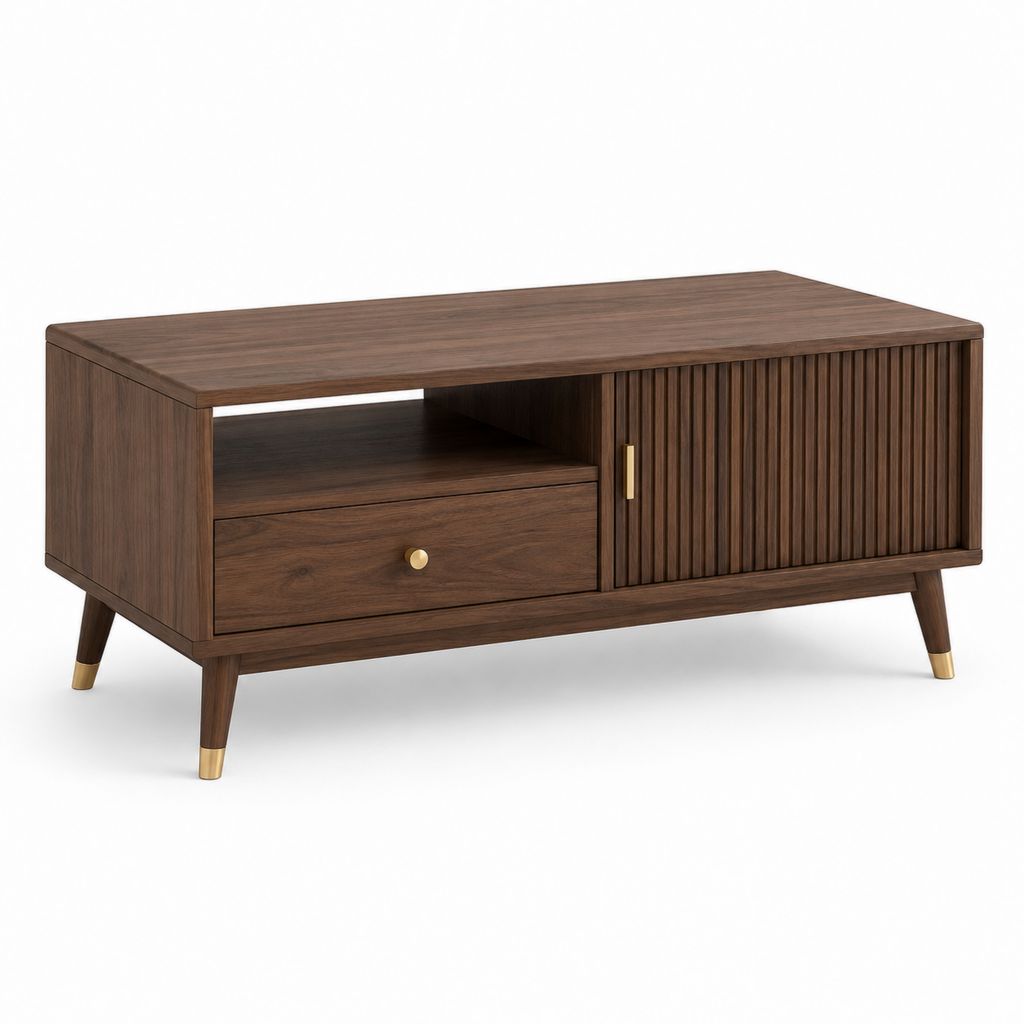 Tavolino da caffè rettangolare in legno con cassetto e anta scorrevole, marrone noce e oro, 100 × 50 × 45 cm