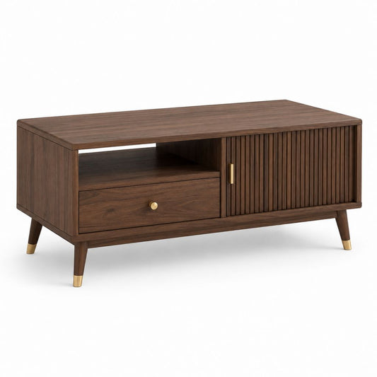 Tavolino da caffè rettangolare in legno con cassetto e anta scorrevole, marrone noce e oro, 100 × 50 × 45 cm