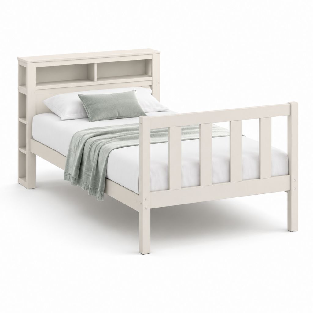 Letto una piazza e mezza in legno con testiera libreria, bianco crema, per materasso 140 x 200 cm, dimensioni 216 x 151 x 120 cm