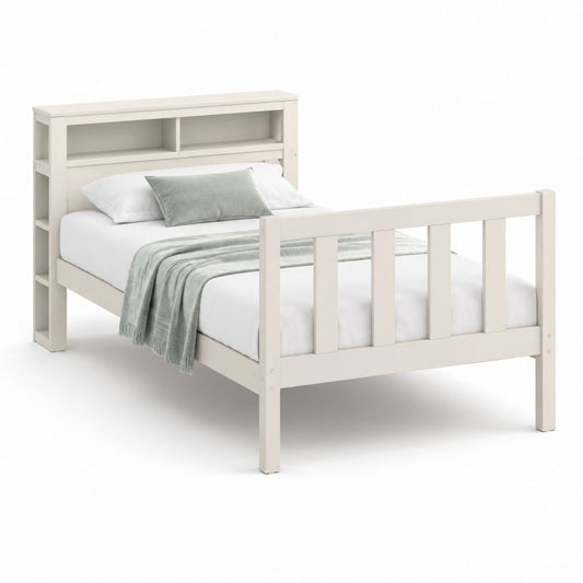 Letto una piazza e mezza in legno con testiera libreria, bianco crema, per materasso 140 x 200 cm, dimensioni 216 x 151 x 120 cm