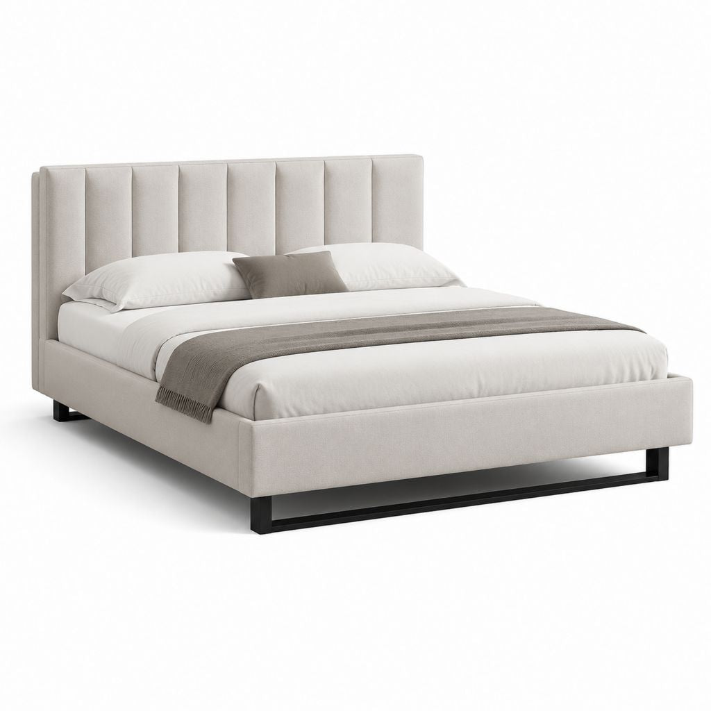 Letto matrimoniale imbottito in poliestere beige con base in metallo nero, 194 x 216 x 110 cm, rete 180 x 200 cm